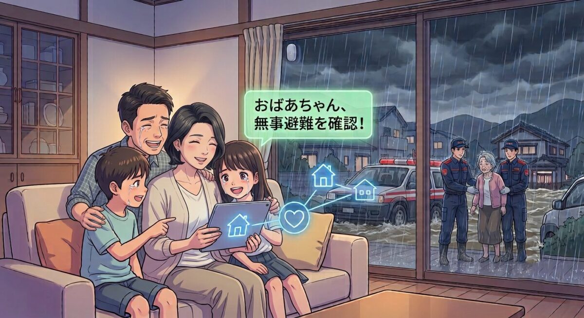 リビングルームのソファに座り、涙を流しながらタブレットを見つめる家族4人のイラスト。タブレットの画面には家とネットワークのアイコンが表示されている。家族の横には、「おばあちゃん、無事避難を確認！」と書かれた吹き出しがある。窓の外は嵐で、2人の救助隊員が高齢の女性を救急車の方へ誘導している。