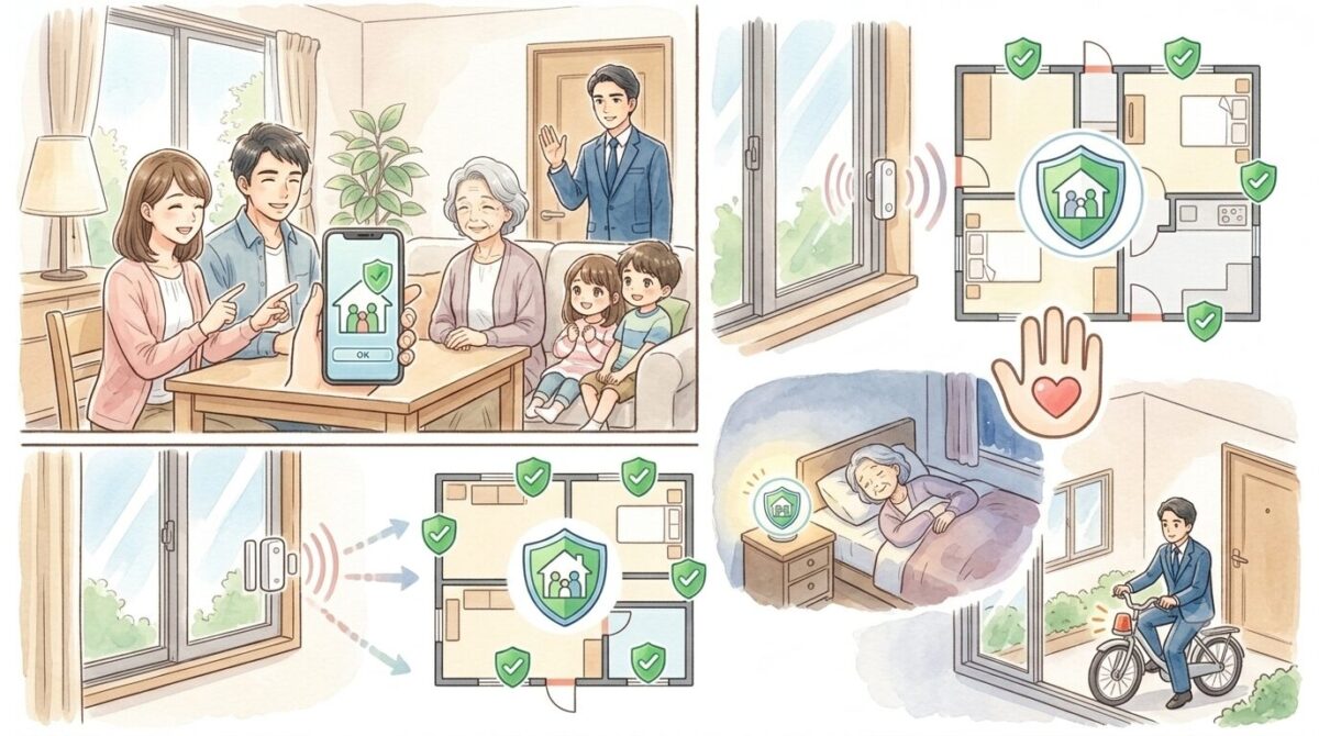 水彩画風のタッチで描かれた、ホームセキュリティサービスの紹介イラスト。左上にはスマートフォンを囲んで笑顔でくつろぐ家族(夫婦、祖母、子供2人)と、挨拶するスーツ姿のセコム社員が描かれている。スマートフォン画面には「OK」のボタンと家のアイコン、盾のマークが表示されている。中央と下部には、窓ガラスに設置されたセンサーが反応し、電波が家の間取り図に送られ、盾のマークで守られている様子が図解されている。間取り図には「REAL-TIME MONITORING」「EMERGENCY PROTOCOL」「GLOBAL CONTROL」といった機能が英語で示されている。右下には、夜、布団で眠る祖母の枕元にあるセンサーライトと、外から自転車で駆けつけるセコム社員の様子が描かれている。中央には、ハートが描かれた手のマークが配置されている。