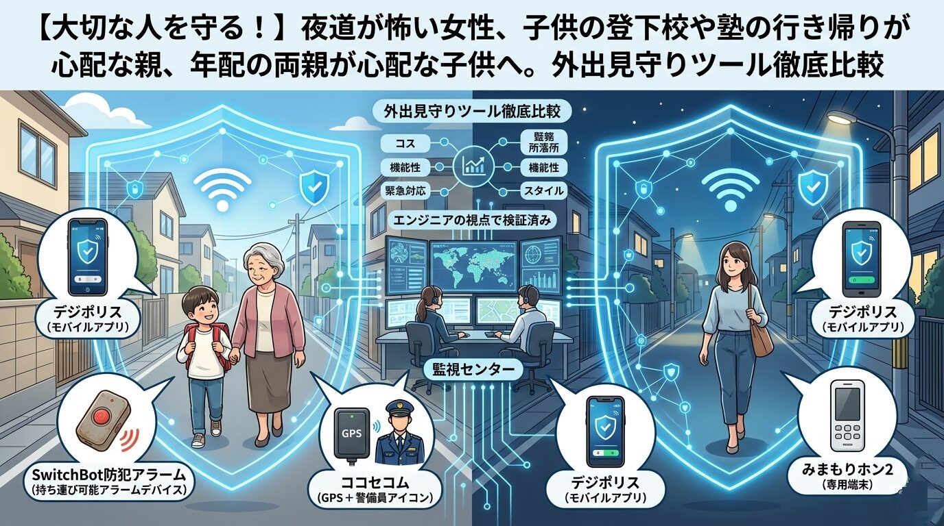 【大切な人を守る！】外出見守りツール徹底比較のアイキャッチ画像。左側は日中の住宅街を歩く子供と高齢者、右側は夜道を歩く女性が、デジタルシールドで守られている様子。中央には「監視センター」が配置され、デジポリス、SwitchBot防犯アラーム、ココセコム、みまもりホン2といった防犯ツールが連携し、エンジニア視点で比較・検証されていることを視覚的に表現している。