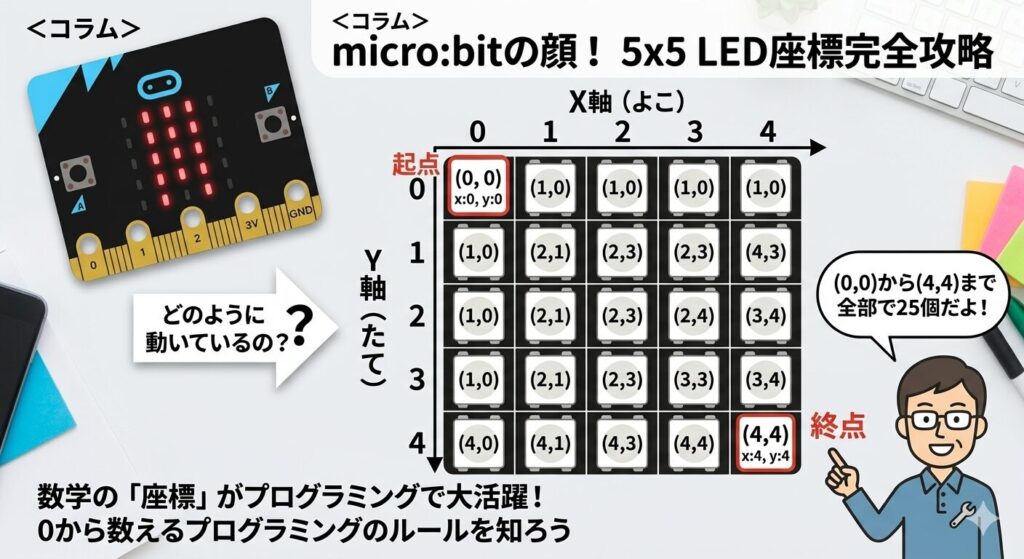 micro:bitの5×5 LEDグリッドにおける座標系の図解。左上が(0,0)、右下が(4,4)であり、プログラミングでは数が0から始まることを解説している。