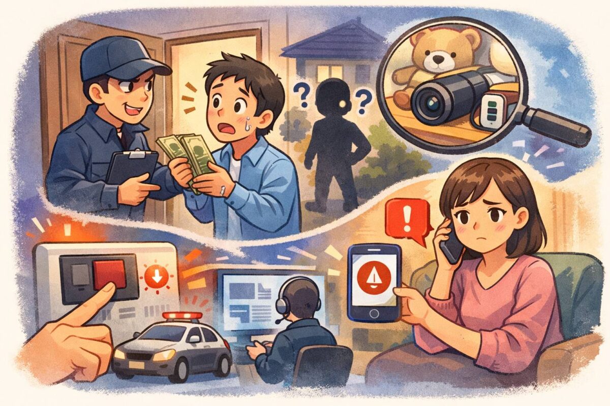 不審な訪問者、隠しカメラの疑い、詐欺電話などの不安要素を象徴的に描いた防犯イメージイラスト。家の前で現金を要求する怪しい訪問者、非常ボタンを押す手、スマホの警告画面、隠しカメラのレンズを示す虫眼鏡などが配置され、防犯意識と詐欺対策を表現している。