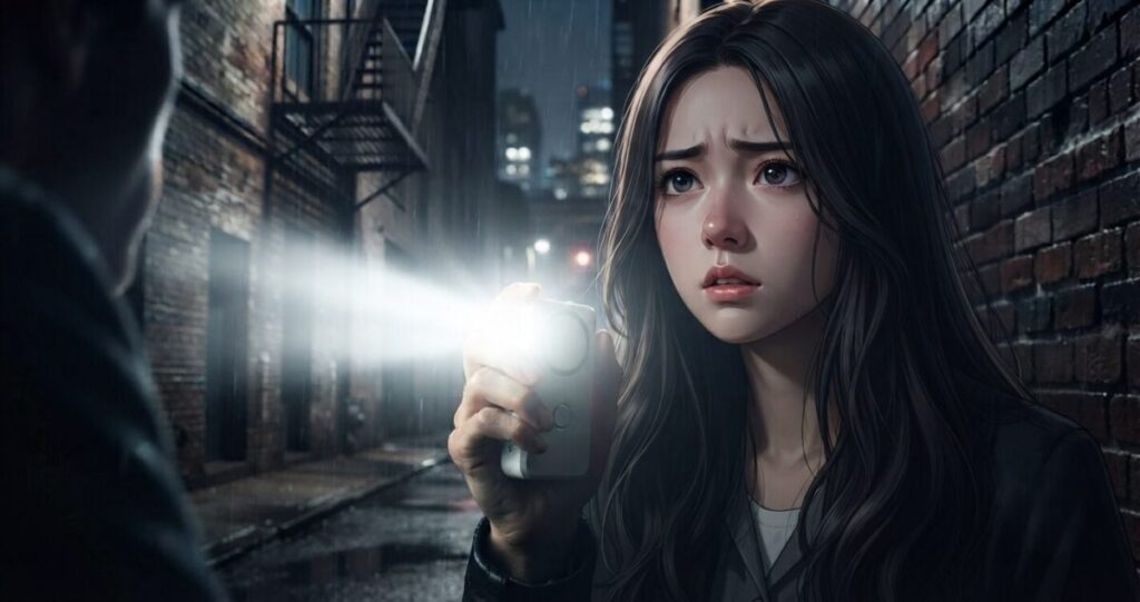 雨の降る夜の都会の路地裏で、黒髪の若い日本人女性が、対峙する何者かに向かって小型の白い防犯ブザーを高く掲げている。防犯ブザーからは強力な光が放たれており、女性は恐怖と決意が入り混じった緊迫した表情で光の方を見つめている。背景にはレンガの壁と非常階段があり、遠くに街の明かりがぼんやりと見える。