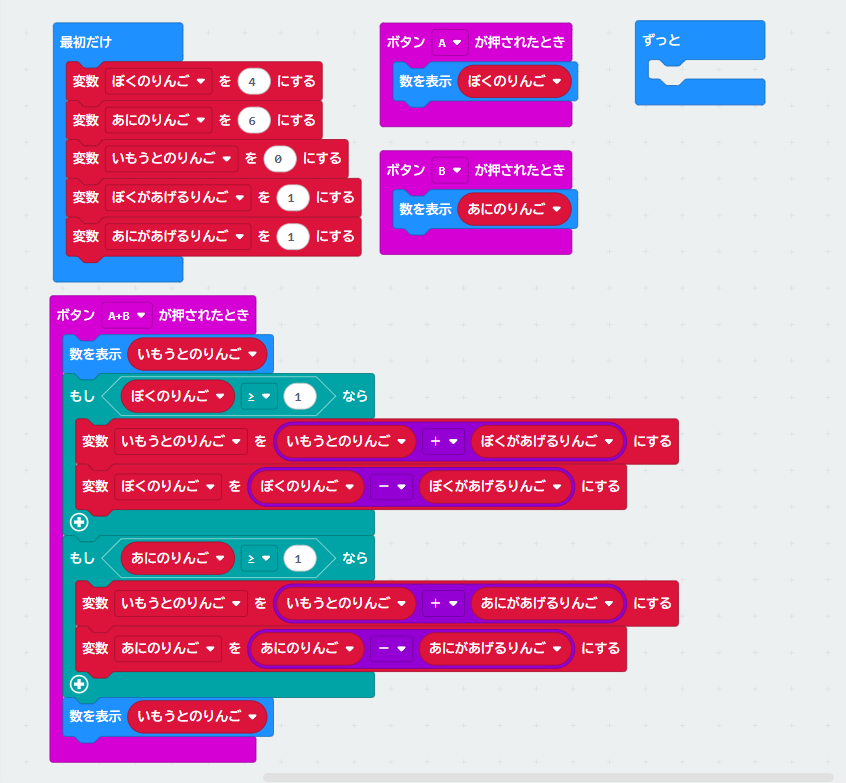 IF文を組み込んだ、完成版のりんご管理プログラム全体図。「A+Bが押されたとき」のイベントブロック内に、「もし(ぼくのりんご ≧ 1)なら」と「もし(あにのりんご ≧ 1)なら」という2つのIFブロックが設置されている。