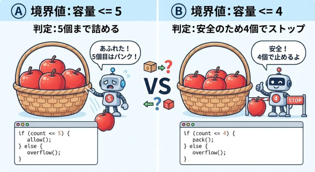 カゴに入るリンゴの数が限界に達した時、「≦ 5」なら5個目を入れてあふれてしまい、「≦ 4」なら4個で止めて安全を保つ様子を比較したイラスト。ロボットの門番とコード例が併記されている。