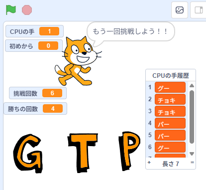 Scratchじゃんけんゲームの完成版ステージ画面。G・T・Pのボタンと勝ち数・挑戦回数が表示されている。
