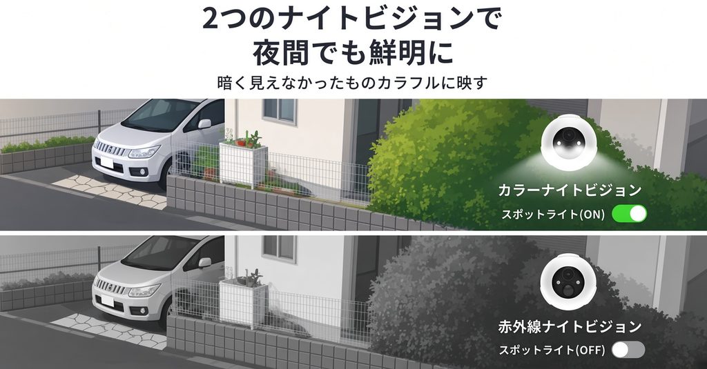 夜間にスポットライトが光り、カラーで映っている映像のイメージ図
ALT：夜間カラー撮影ができる市販防犯カメラのナイトビジョン例