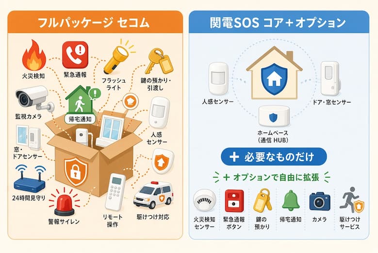 セコムと関電SOSの標準機能比較イメージ