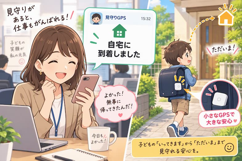 共働き親が見守りGPSの到着通知で安心するイメージ