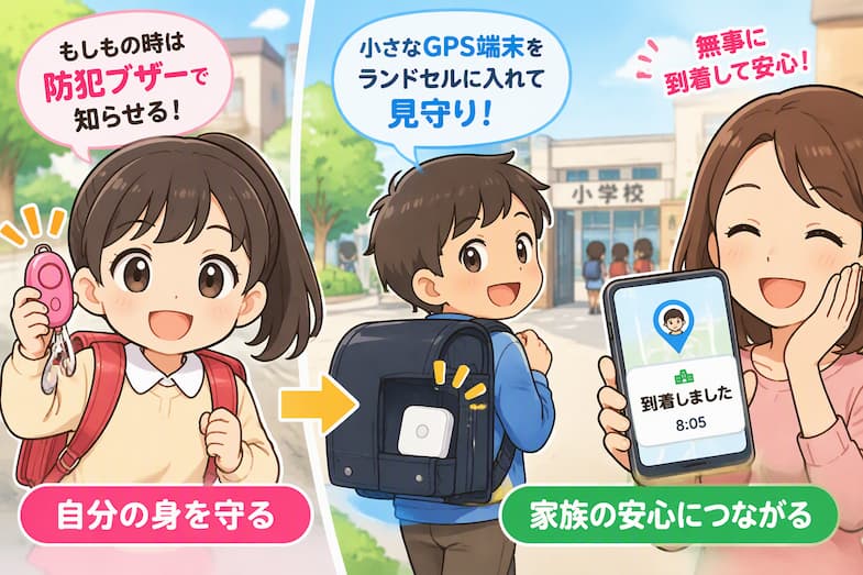 小学生の防犯ブザーと見守りGPSの違いを示すイラスト